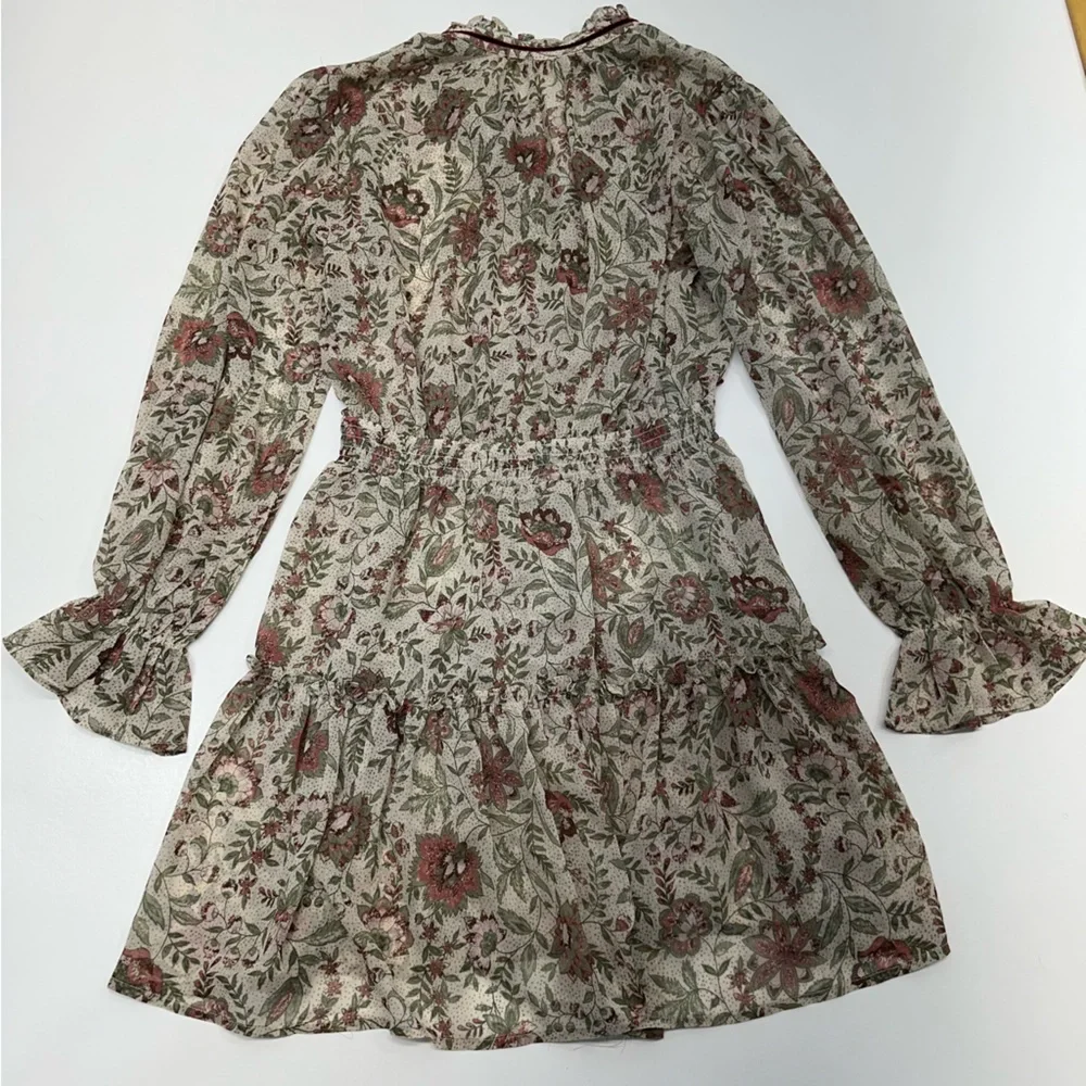 Lovestitch Floral Paisley Satin Smocked Ruffled Mock V Neck Dress Womens Size M